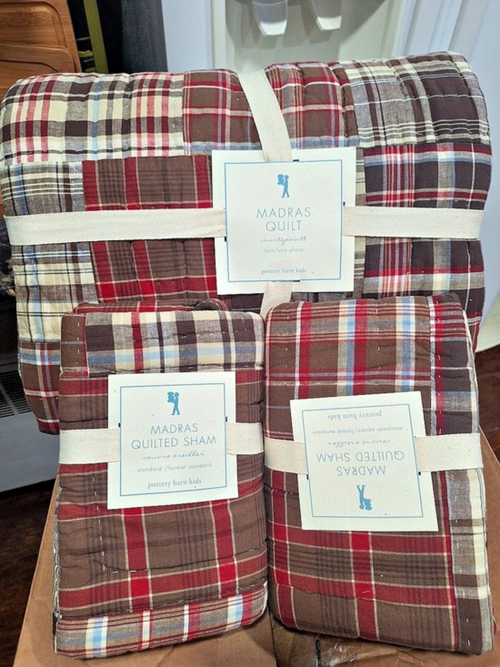 Pottery Barn Kids Madras Quilt & Shams Plaid Red & Brown NWT
